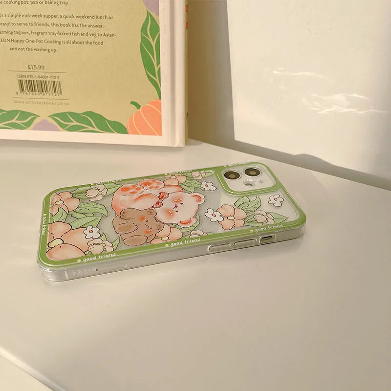 Transparent silicone TPU phone case with hand-painted bear and floral design for iPhone models