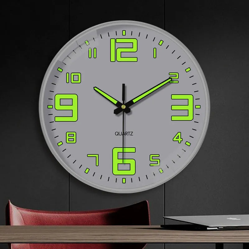 Modern 8 inch luminous wall clock with white numerals on a coloured plastic face.