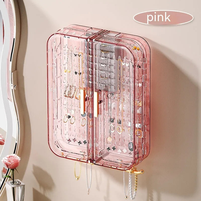 Wall-mounted plastic jewelry storage box with over 8 layers in peach pink or transparent gray
