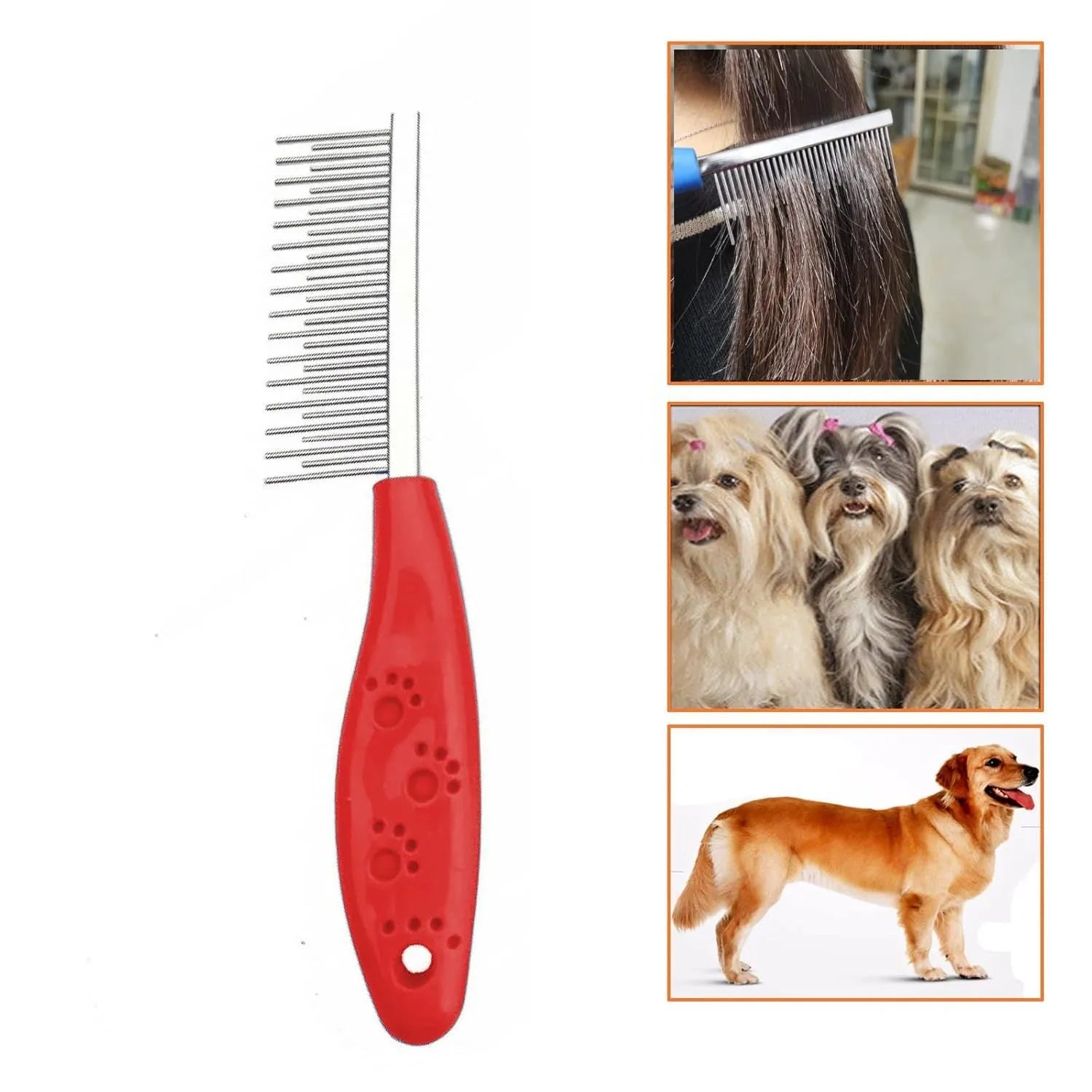 Red plastic handle stainless steel pet comb with short and long teeth for detangling dog or cat fur.