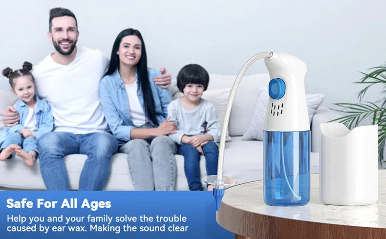 E20 Blue portable manual ear wash tool with water basin, one-hole nozzles and five-hole nozzle on host