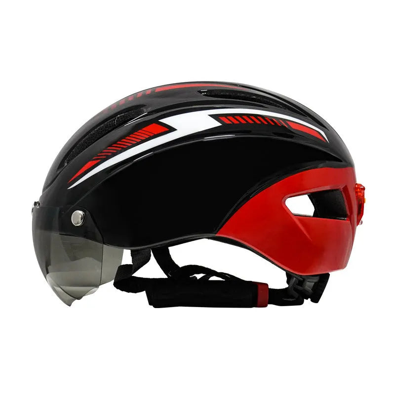 Adult cycling helmet with integrated red taillight on the back, shown in a blue, white, and black colour scheme.