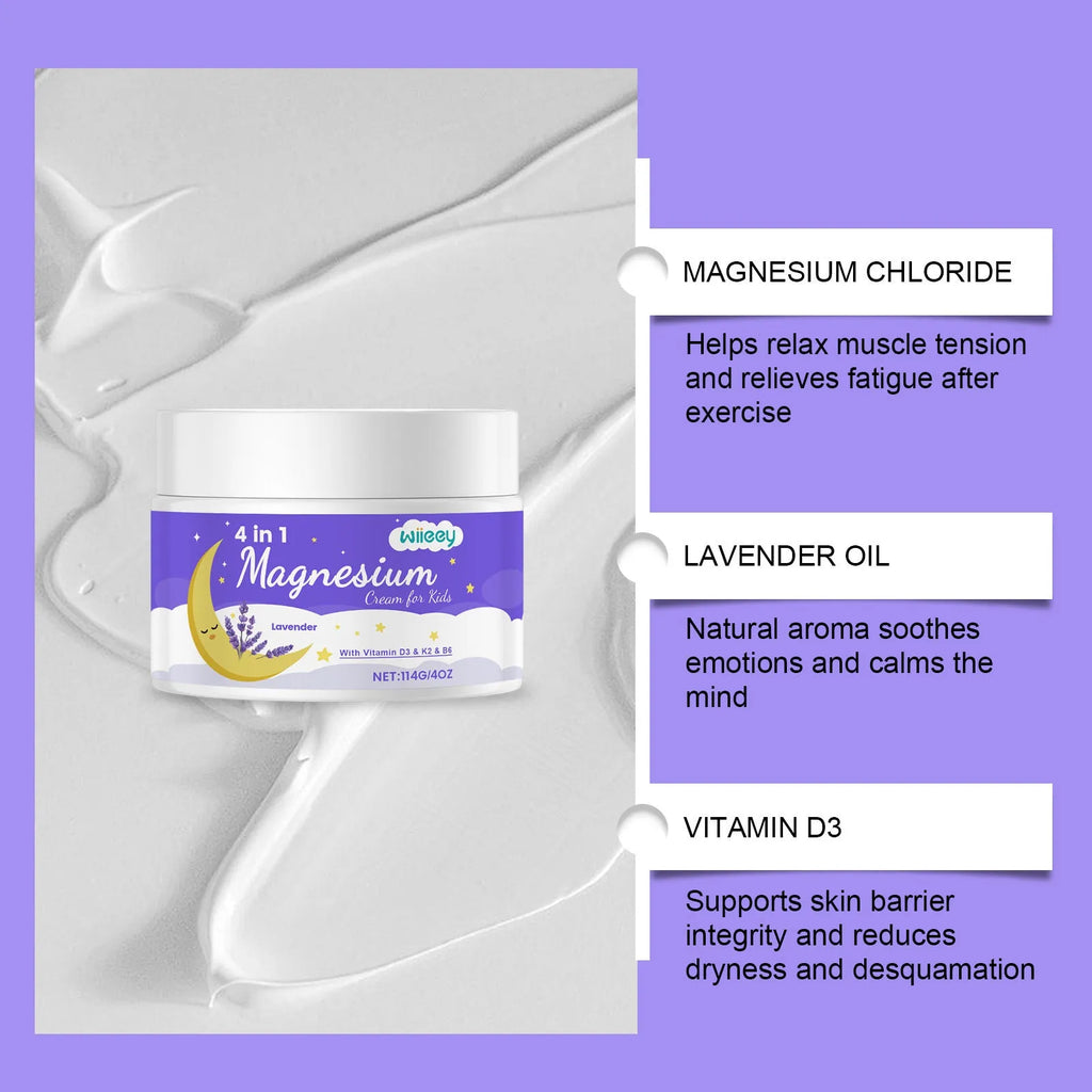 114g jar of kids 4-in-1 magnesium cream with vitamins D3, K2 and B6