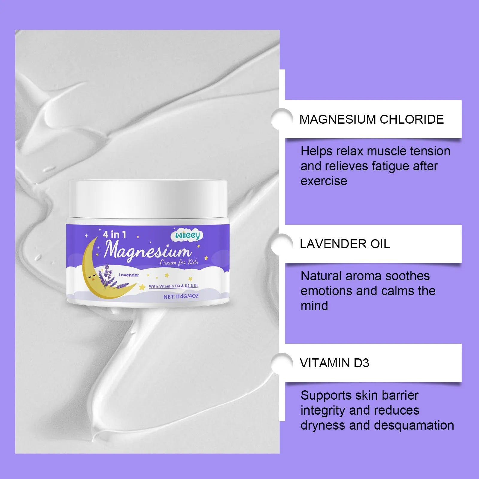 114g jar of kids 4-in-1 magnesium cream with vitamins D3, K2 and B6