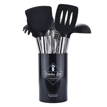 Versatile silicone kitchen utensil set with stainless steel handles, including various cooking and baking tools