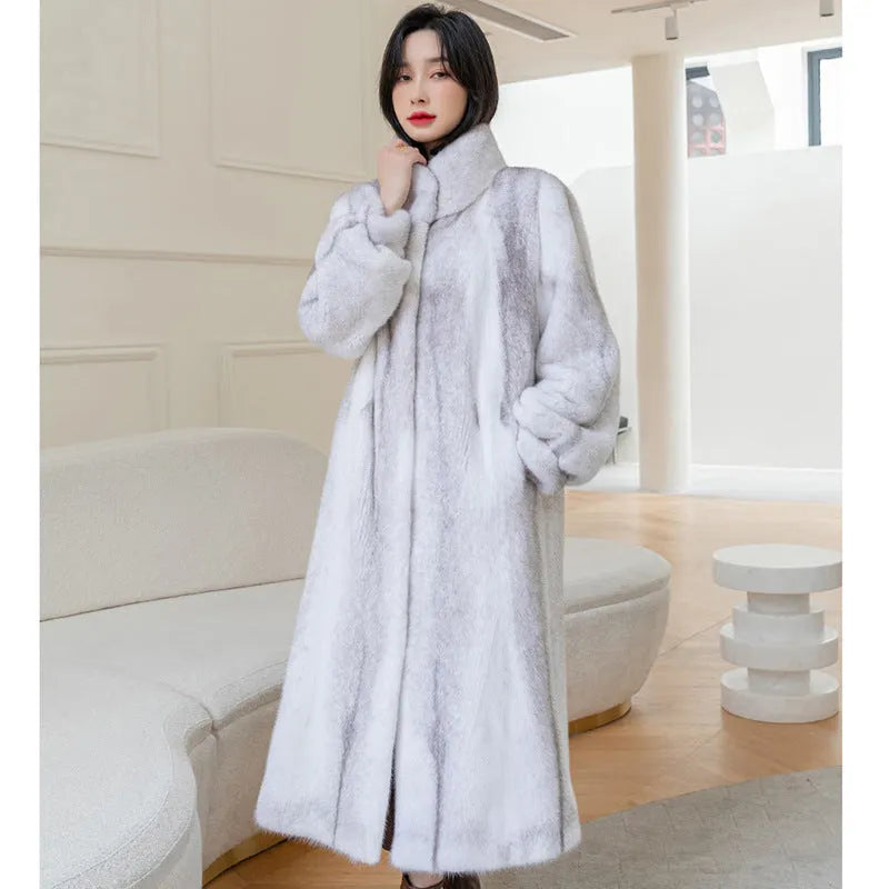Women's white faux fur coat with stand-up collar shown at 80cm length