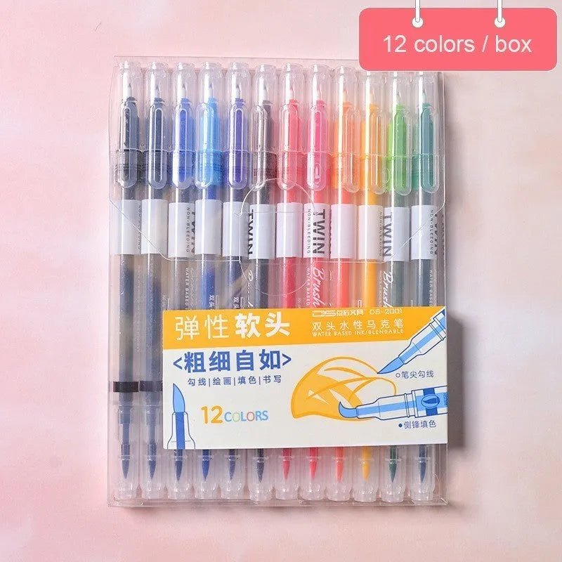 Calligraphy art hair note pen set with 12 coloured fine tip markers on white background