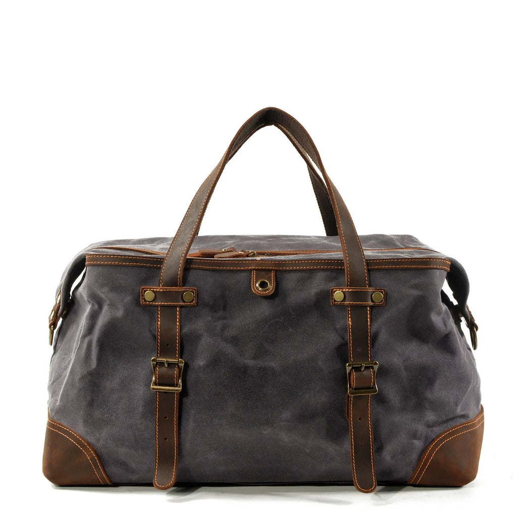 Men's canvas outdoor gym bag with waterproof oil wax leather trim in khaki colour