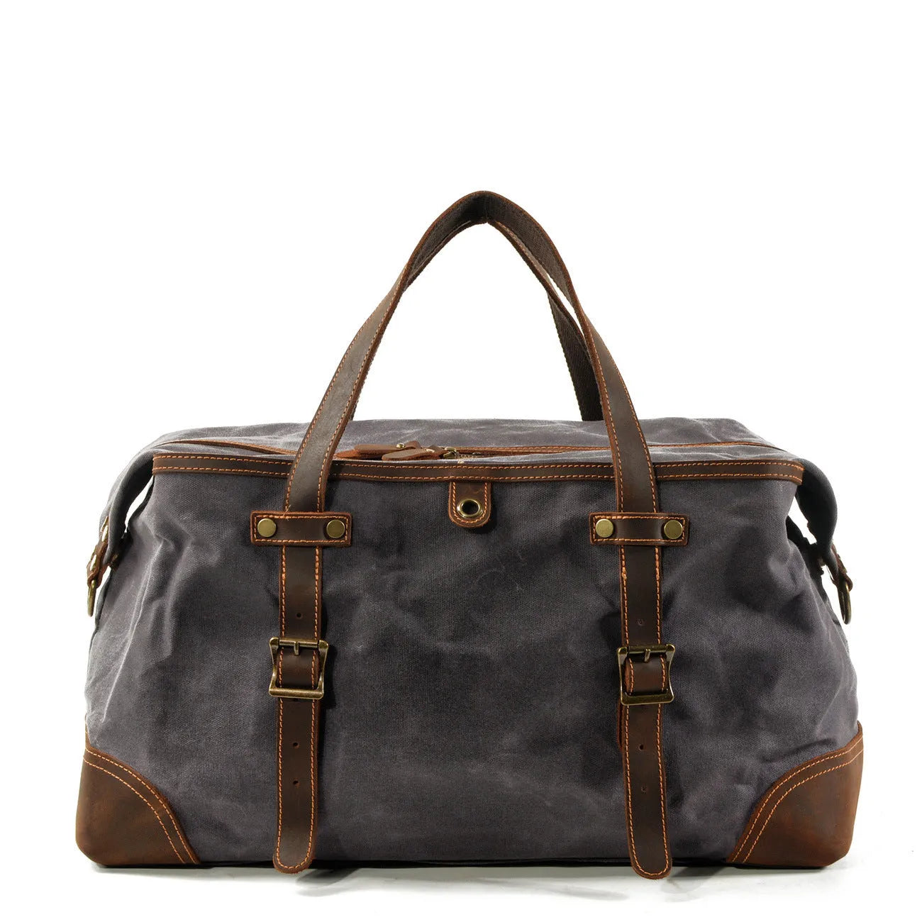 Men's canvas outdoor gym bag with waterproof oil wax leather trim in khaki colour