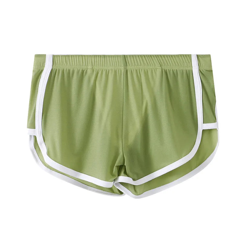 Men's black ice silk low waist sports boxers with mesh detail on a plain background.
