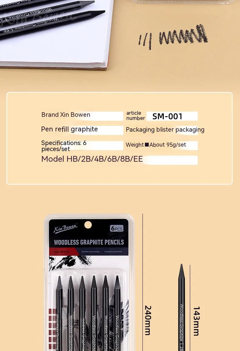 Set of six wood-free graphite full lead sketching pencils in a range of grades from HB to EE.