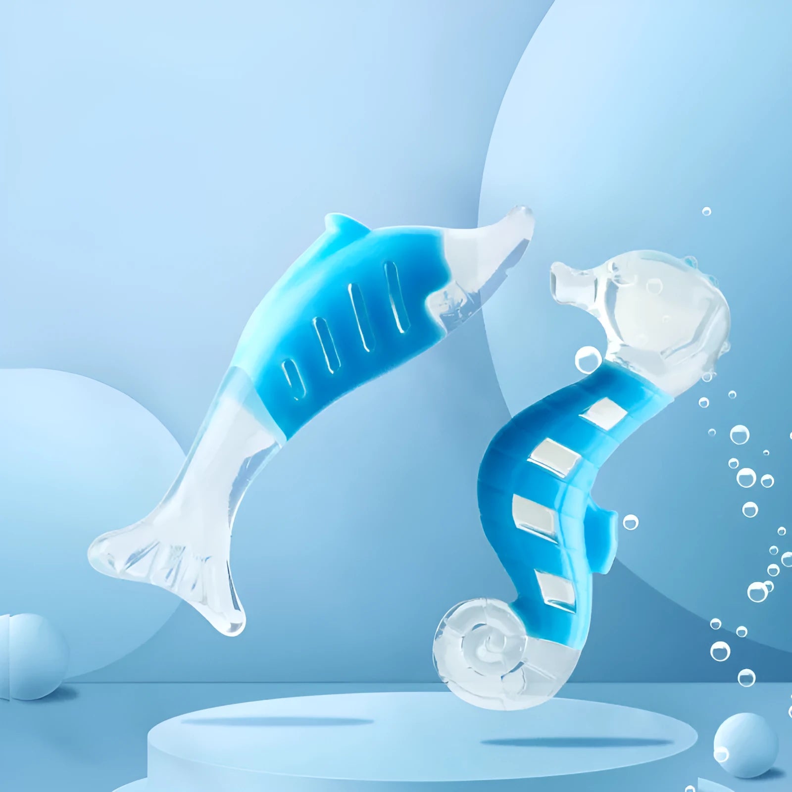 Two PU nylon dog chewing toys: a blue seahorse and an orange tuna on a white background