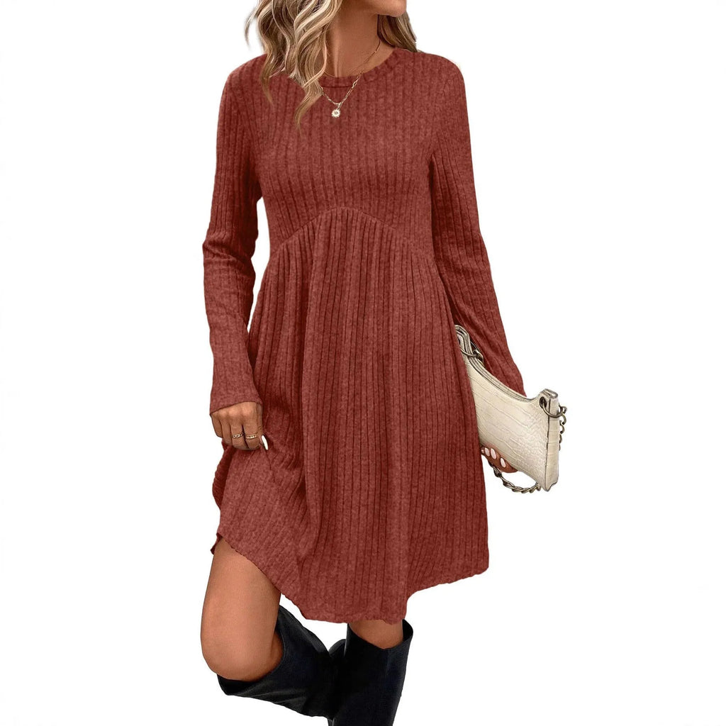 Women's bohemian brushed sunken stripe princess dress with wide waist and mid skirt in solid colour