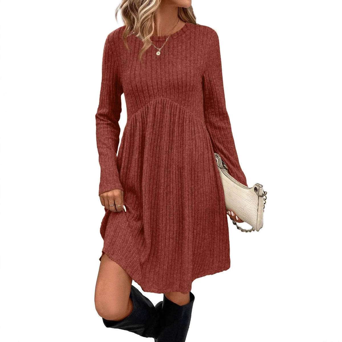 Women's bohemian brushed sunken stripe princess dress with wide waist and mid skirt in solid colour