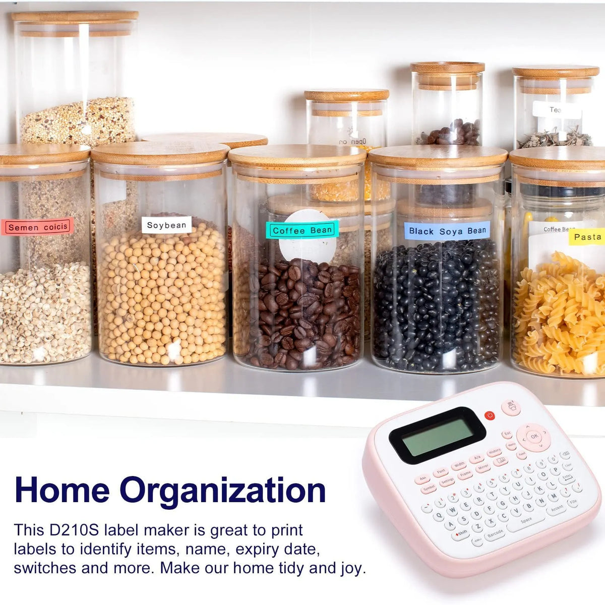 Mini portable label printer in pink or yellow with JM-231 black on white label tape, AC adapter, and replacement cutter holder