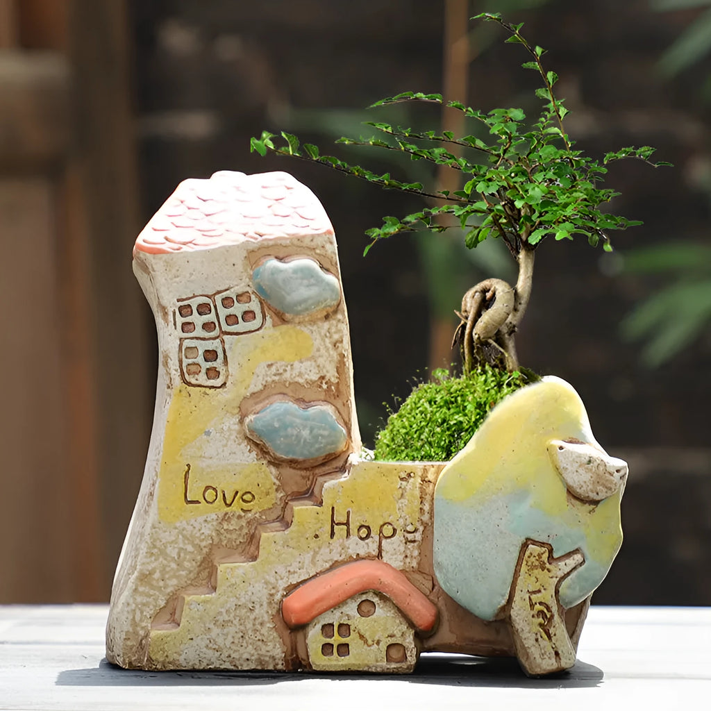 Hand-painted ceramic combination pot for meat plants and flowers with pastoral design