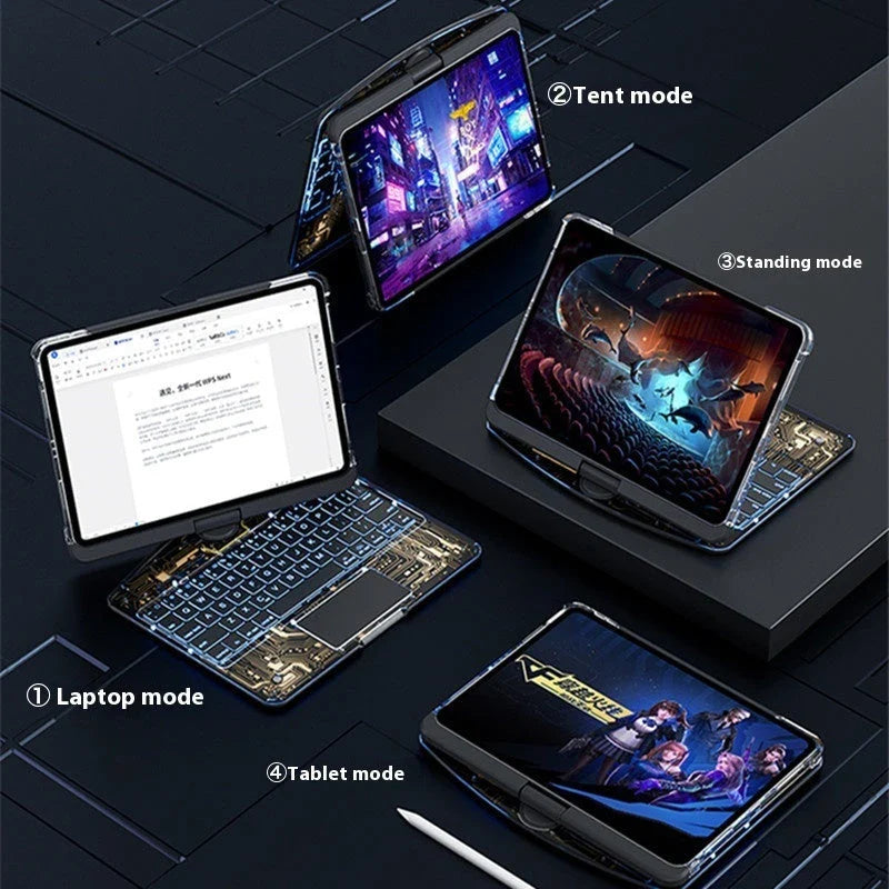 Versatile 360-degree swivel keyboard case with transparent backplate, scissor-style keys, and integrated trackpad for iPad