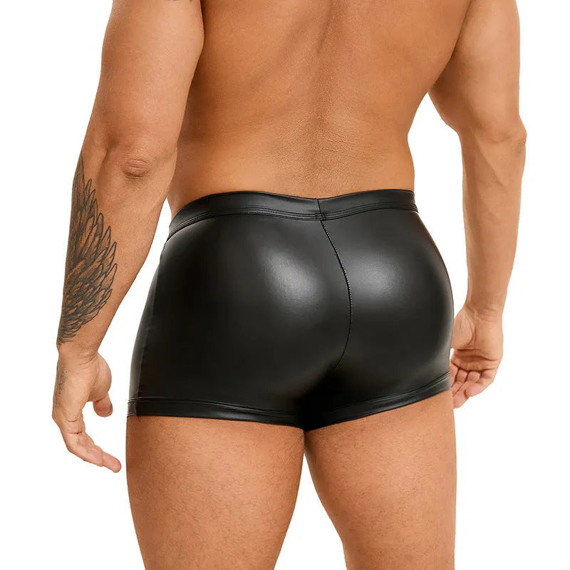 Black PU leather men's boxer shorts with U-pouch design showing front view