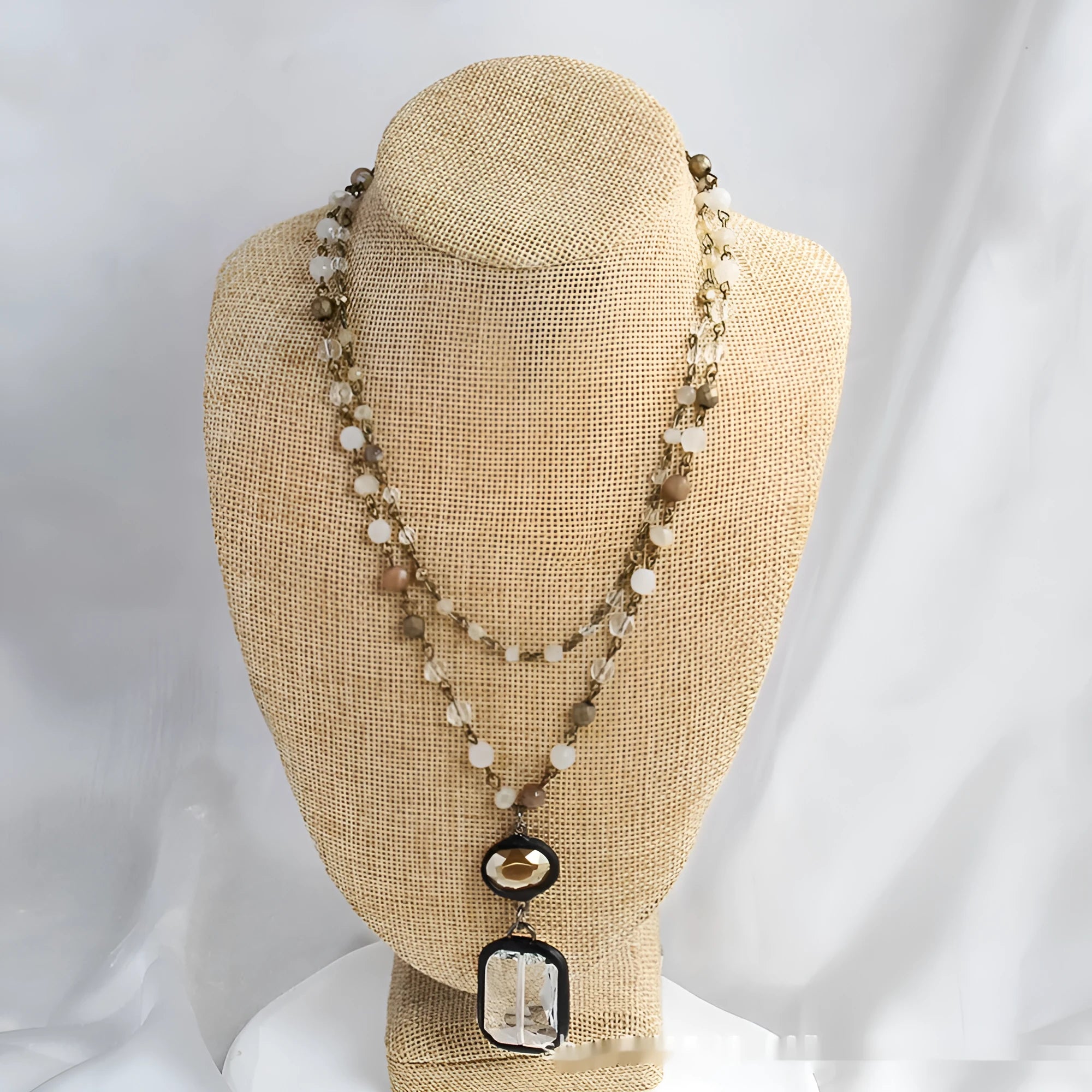 Tribal style necklace with glass stone pendant on two-layer adjustable chain