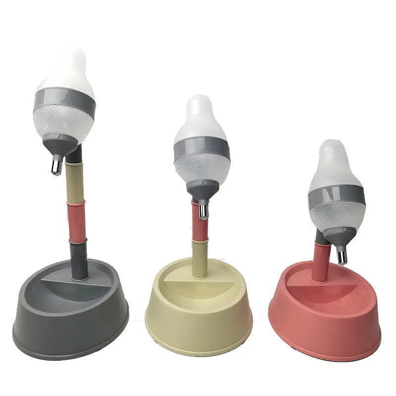 Green adjustable standing water dispenser for pets with a detachable pole and separate bowl.