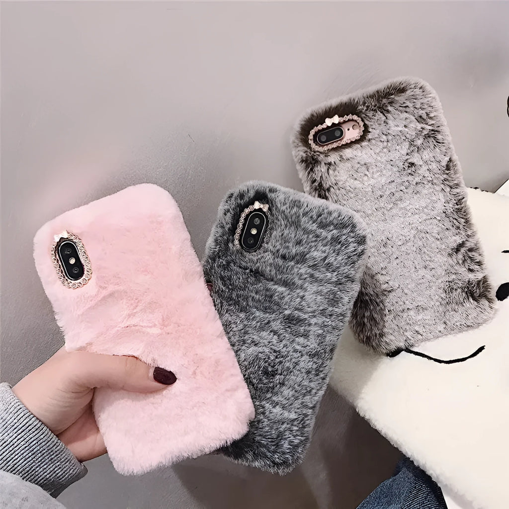Rabbit hair silicone iPhone case with rhinestone detail and soft plush bottom shell in grey, brown, or pink colour