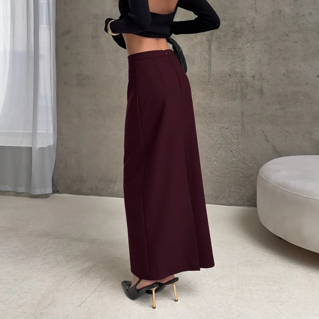 High waist slimming split straight skirt for women in dark brown polyester
