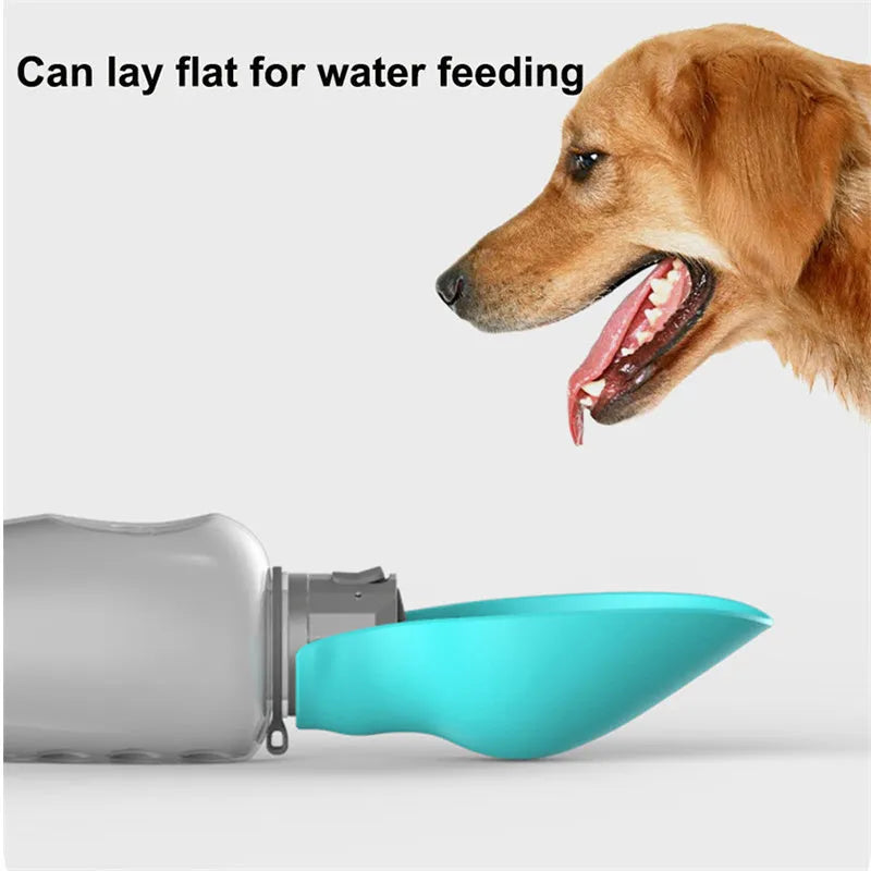 Blue grey portable dog water bottle with foldable drinking bowl showing 800ml capacity