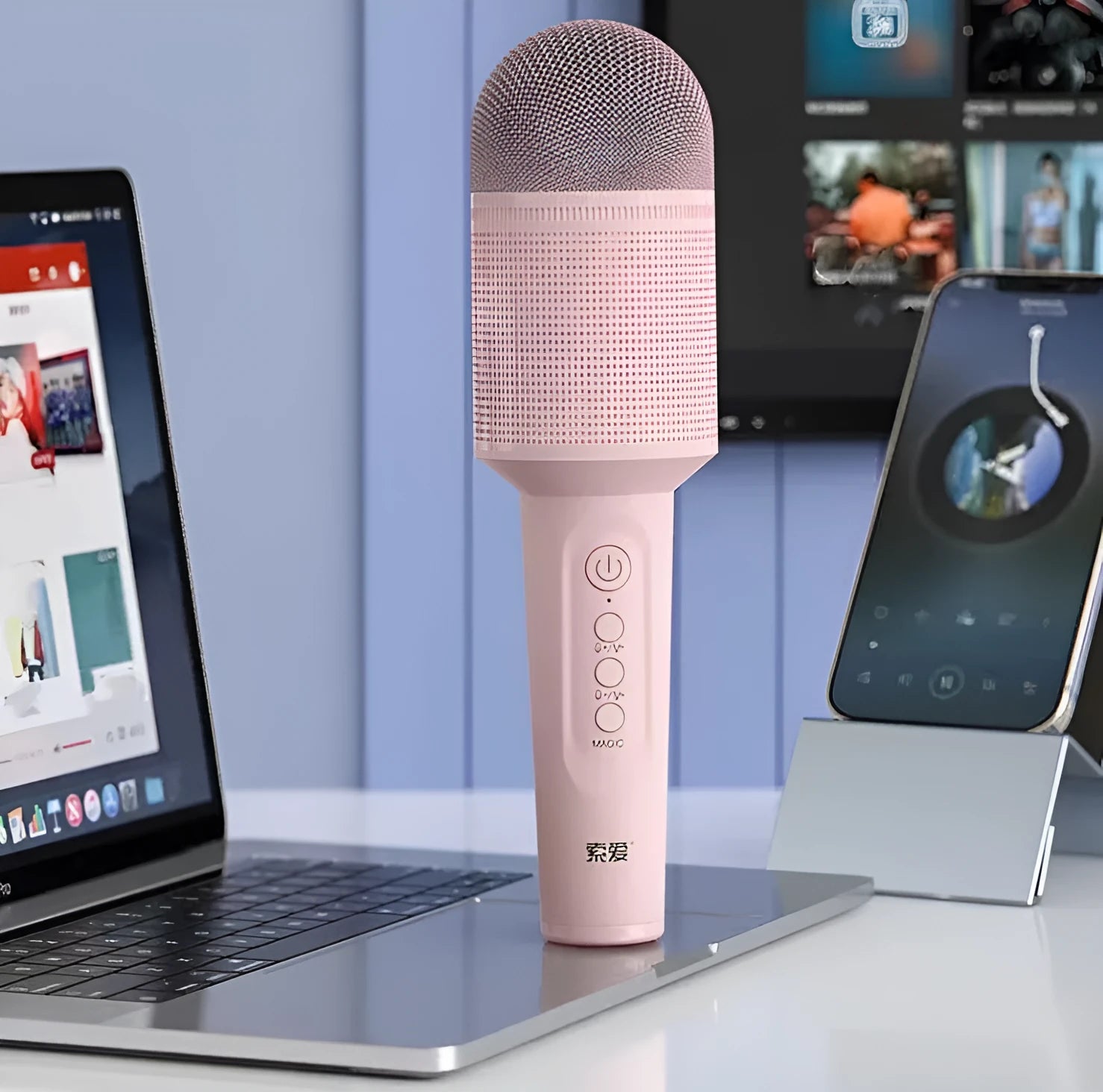 Bluetooth wireless karaoke microphone in pink, blue or green with built-in speaker and USB port