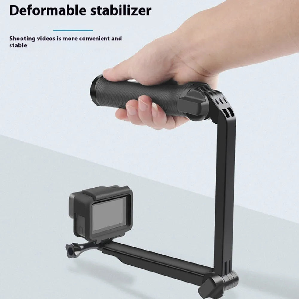 Black folding tripod bracket for GoPro Hero action cameras in collapsed position.