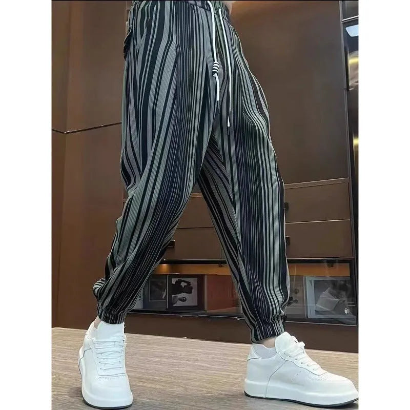 Men's striped casual trousers with ankle tie fastening in cropped ice silk design