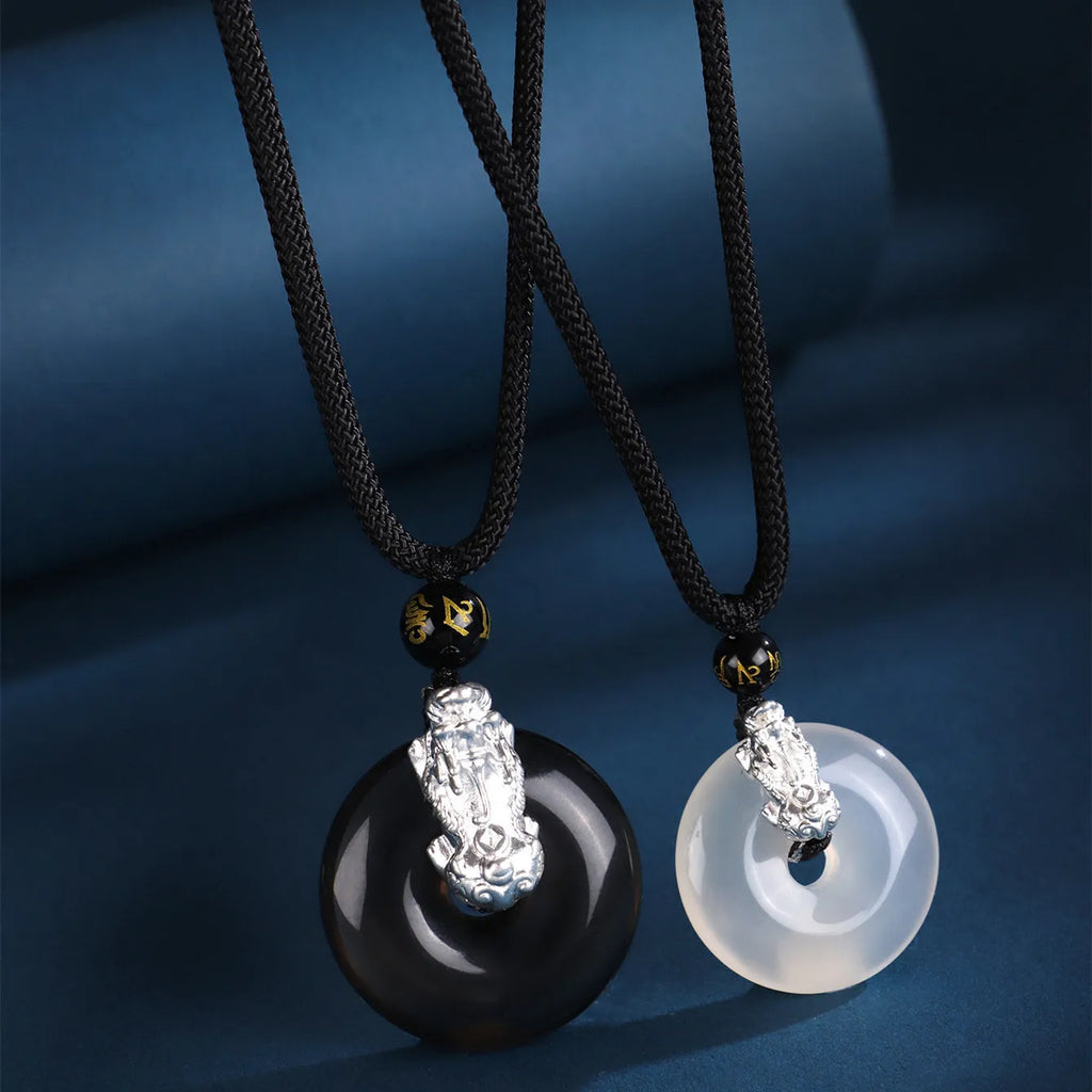 999 silver brave troops necklace with white agate peace buckle pendant and safety buckle closure