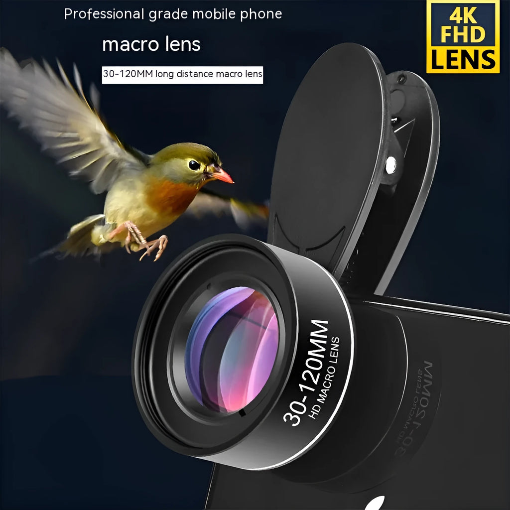 Mobile phone rear macro lens with optical glass and universal clip set on white background
