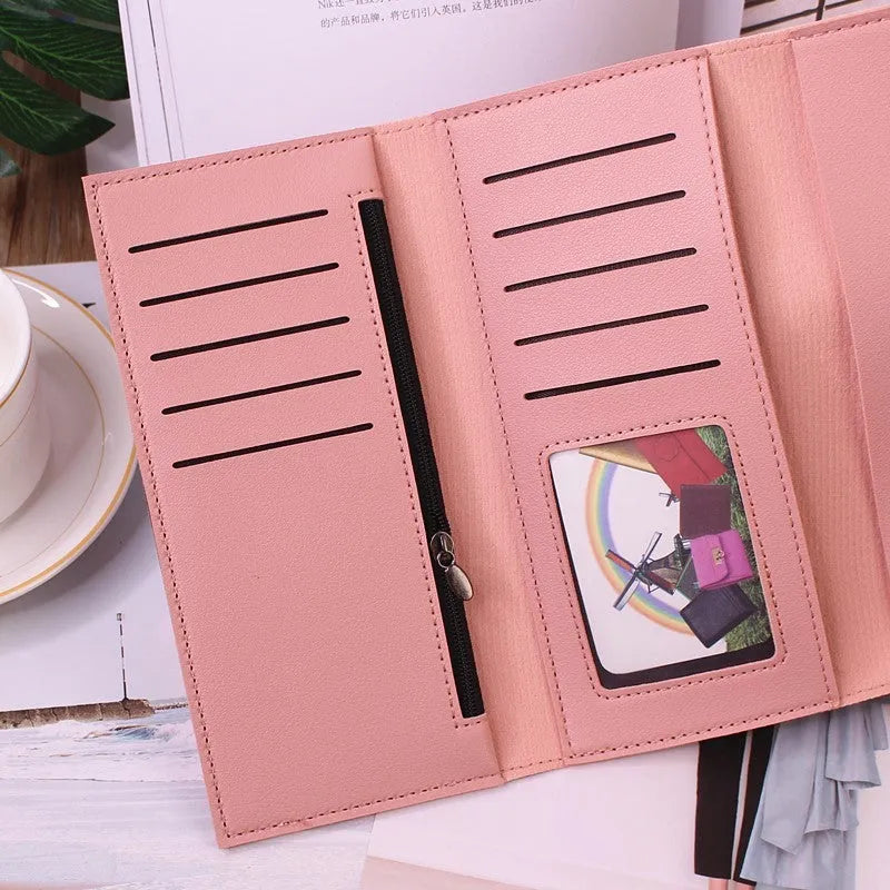 Women's tri-fold large capacity wallet in solid colour, soft PU leather with sewing thread detail