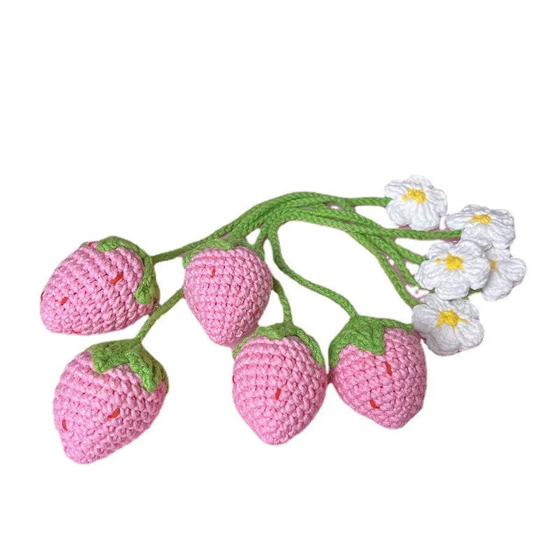 Wool crochet strawberry pendant necklace in pink colour with textured knitting details