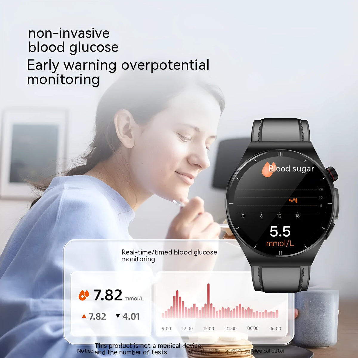 Black smart watch with TFT touch screen, health monitoring functions and choice of silicone, leather or metal steel strap