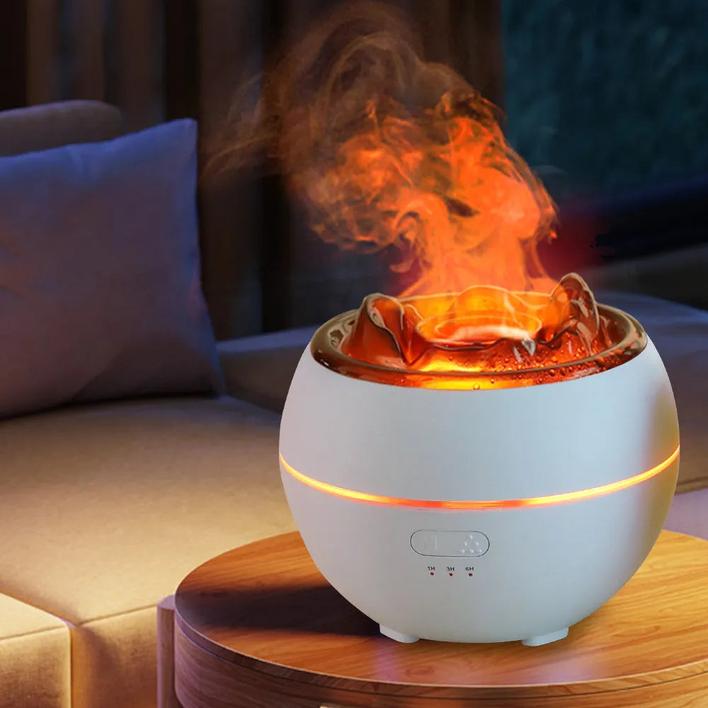 White round desk aromatherapy humidifier and essential oil diffuser with water tank on a wooden table.