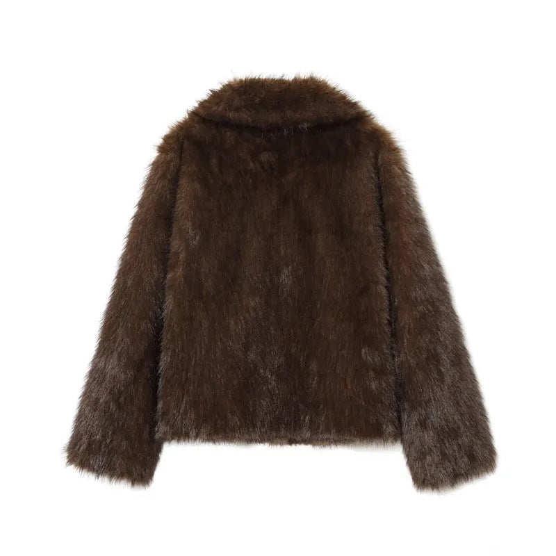 Brown women's double-sided faux fur effect jacket coat with faux fur collar, long sleeves, 50cm length, sizes XS to L