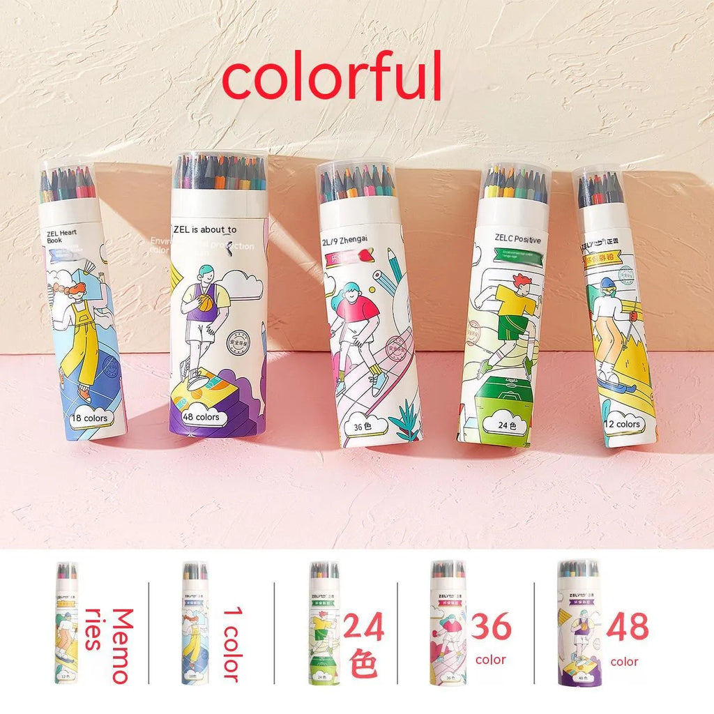 Zhenglin Sports Series coloured pencils in sets of 12, 18, 24, 36, and 48 colours with paper barrels.