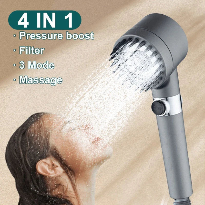 A high-pressure rainfall shower head made of durable ABS material with multi-mode functionality and a built-in water filter.