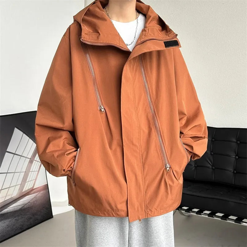 Men's autumn waterproof windproof shell jacket in solid colour with long sleeves and side pockets