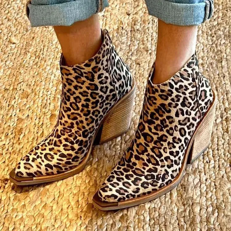 Leopard print pointed toe ankle boots for women with back zipper, high heel above 8cm and rubber sole