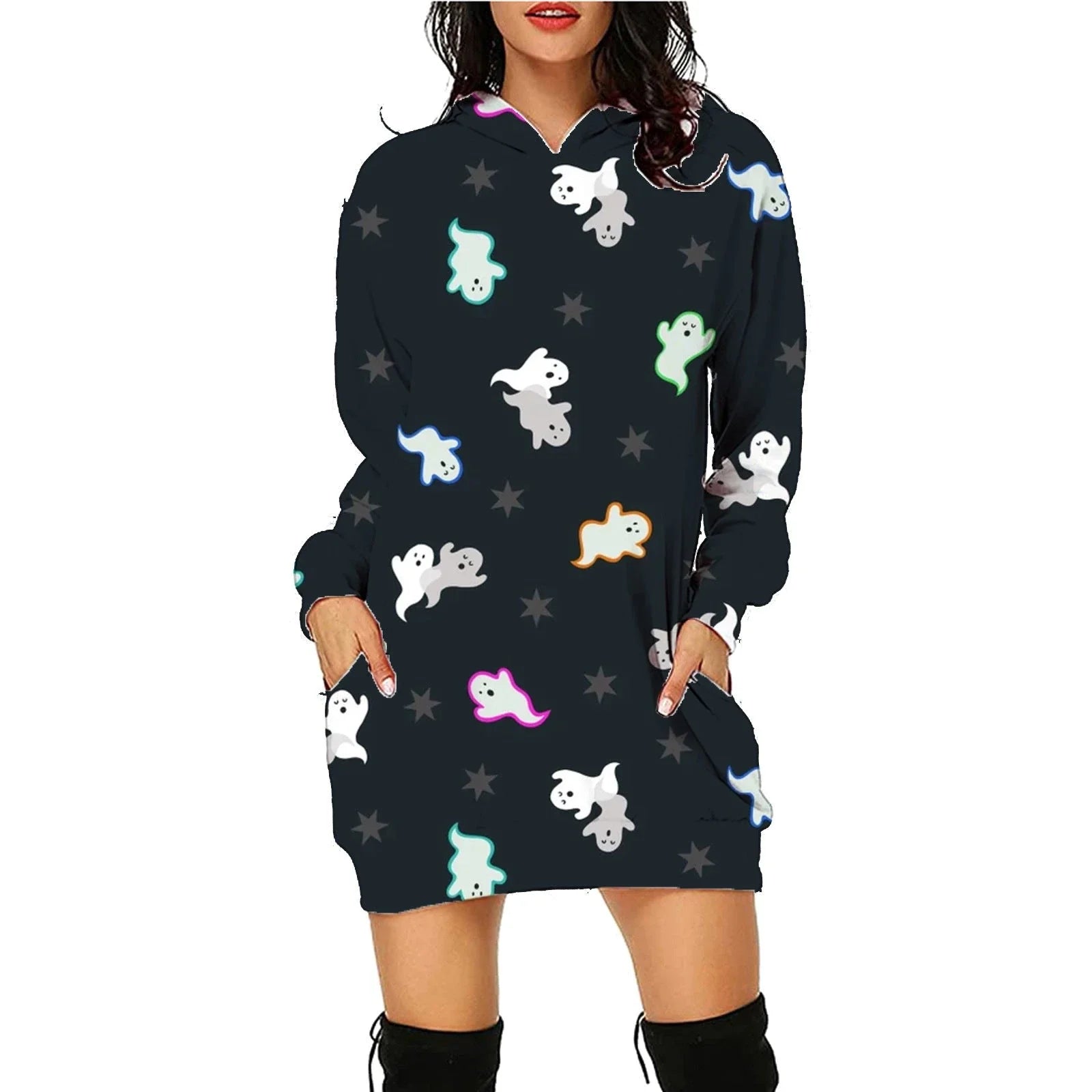 Women's long-sleeved Halloween hoodie with pockets, featuring a unique printed design in a variety of vibrant color options.