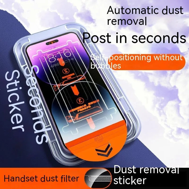 Two-pack iPhone tempered glass screen protector showing HD and privacy peep-proof options with dustproof net.