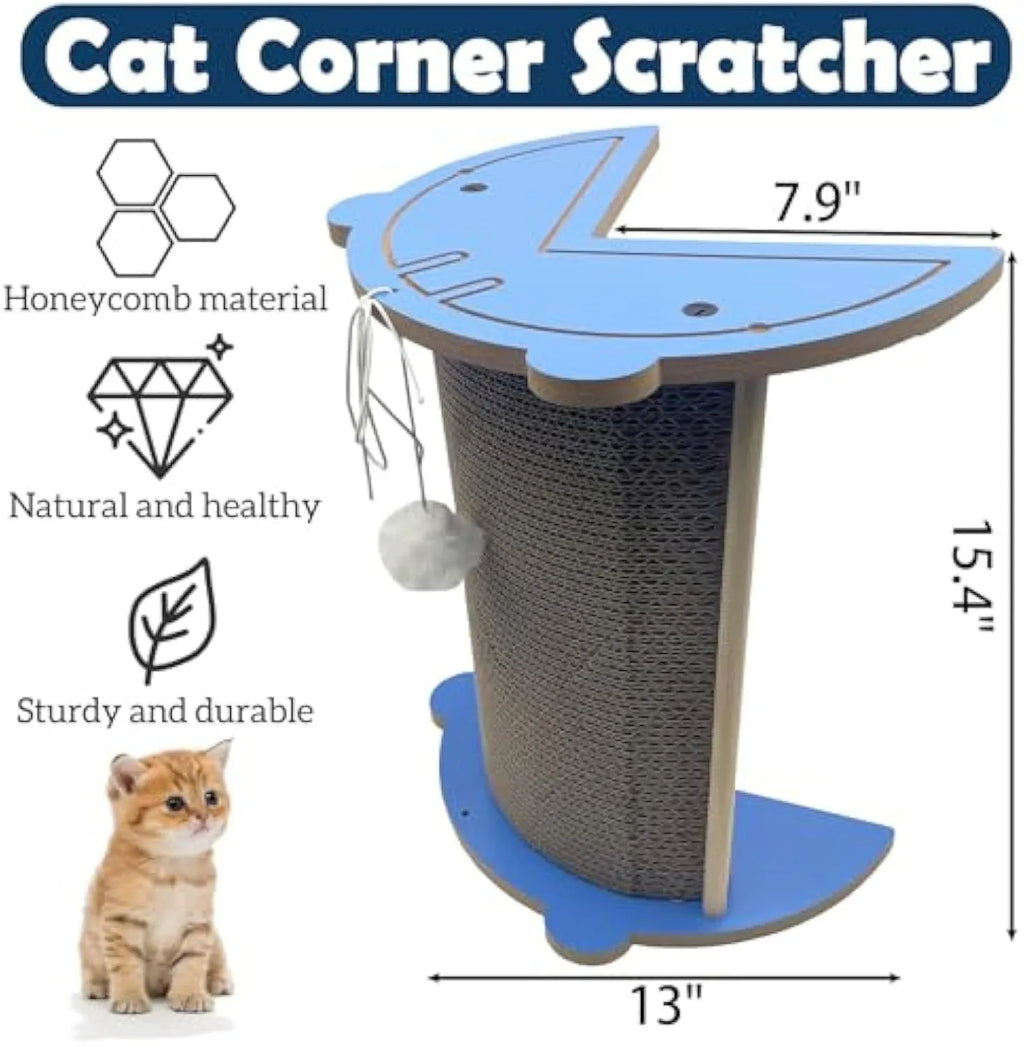 Corner-shaped cardboard cat scratching pad with a hanging blue ball toy attached.