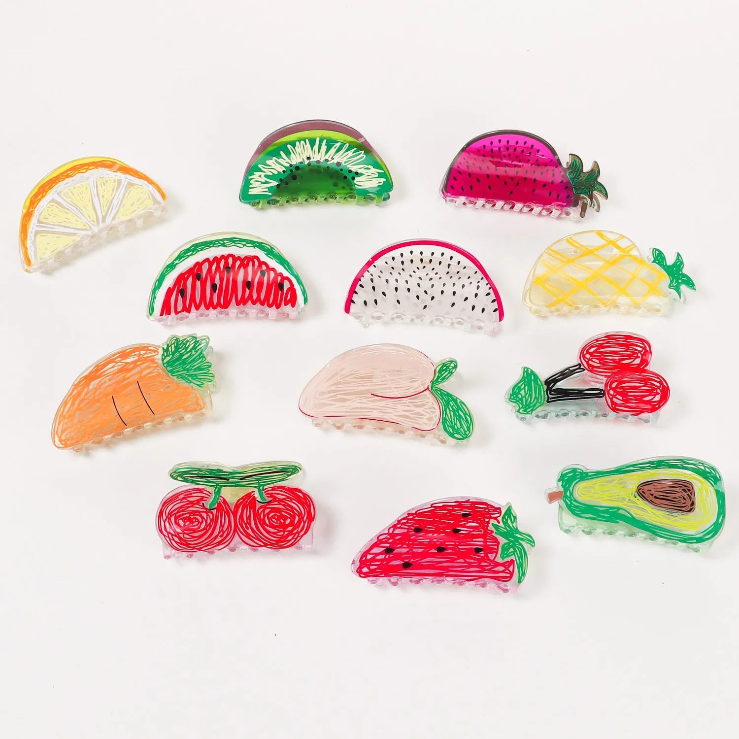 Korean creative fruit transparent PVC hair grip with asymmetric design on a white background
