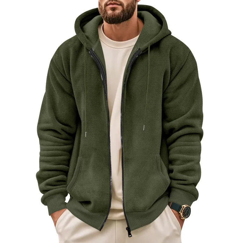 Men's thickened fleece-lined zip hoodie in gray, khaki, black, navy blue, or military green