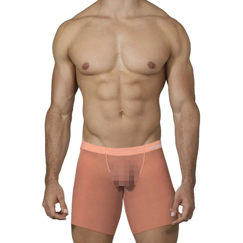 Men's solid colour ice silk boxer shorts with a low-rise waist, shown in orange.