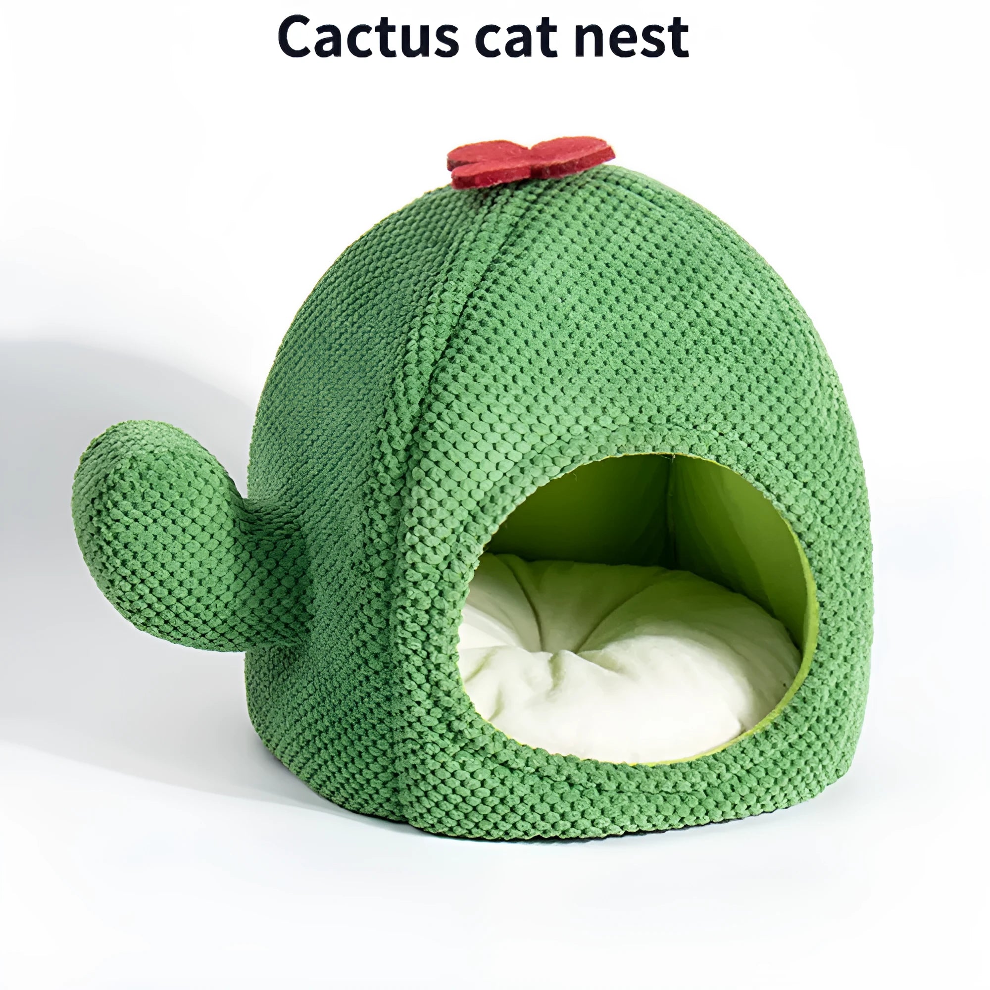 Green enclosed plush cat bed or pet cave for kittens and small dogs.