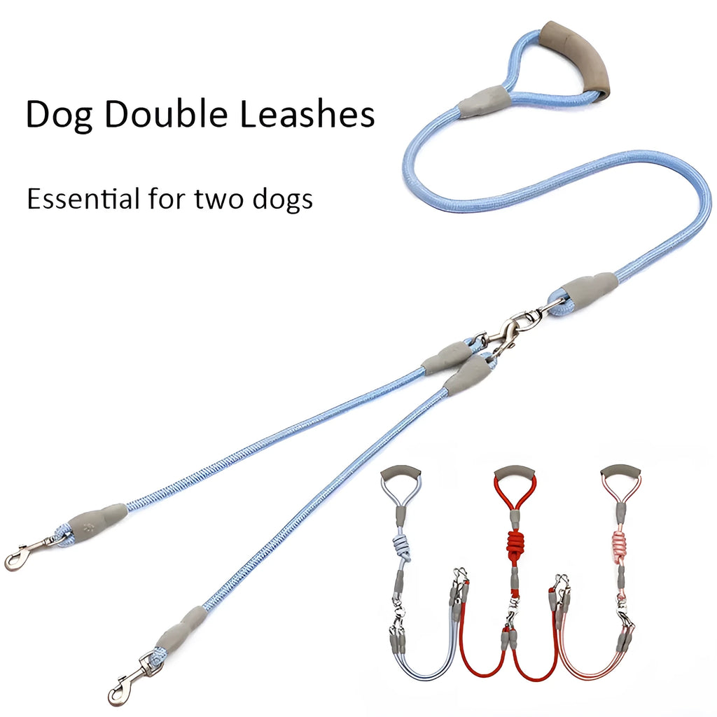 Double dog leash for two pets with foam handle and metal buckles in blue colour