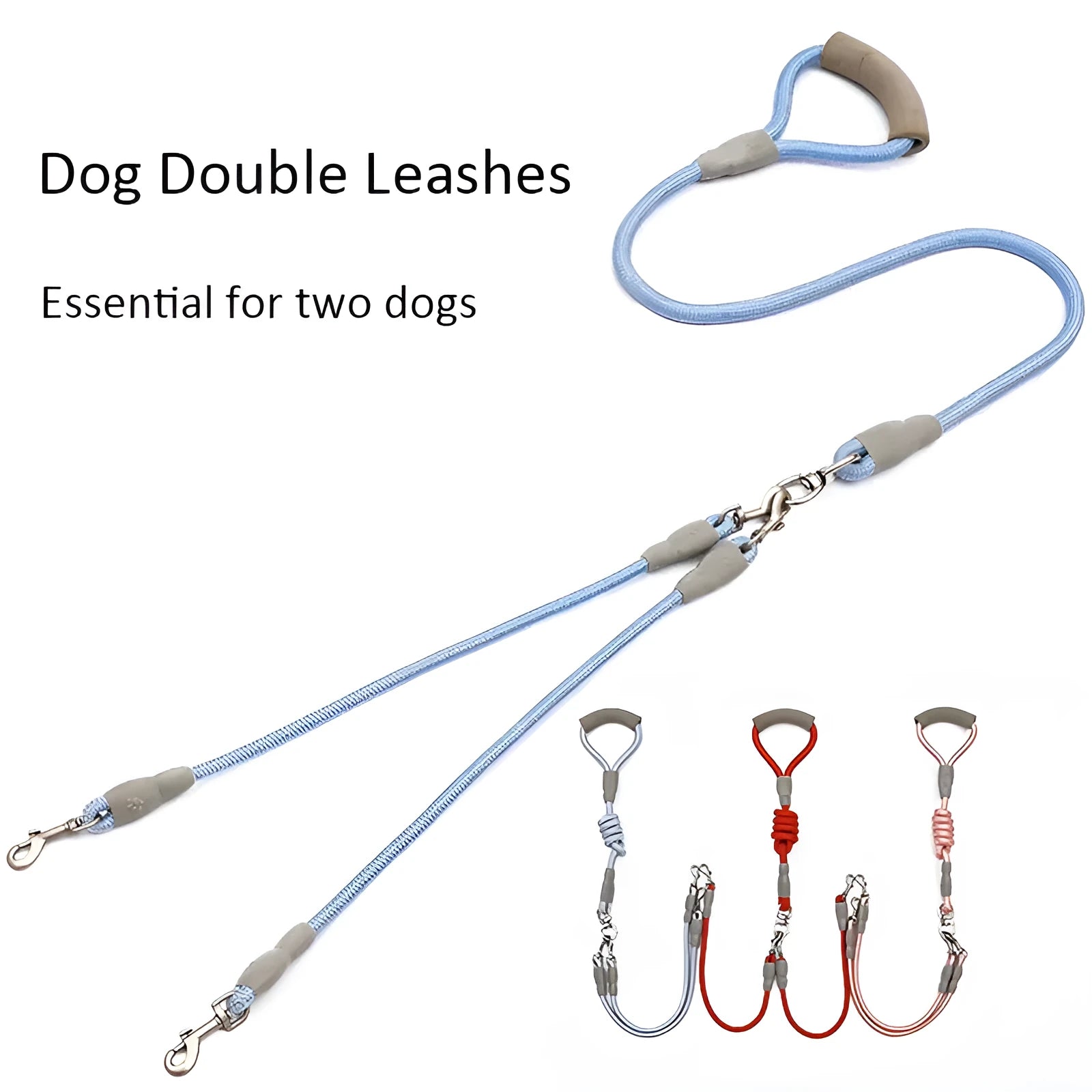 Double dog leash for two pets with foam handle and metal buckles in blue colour